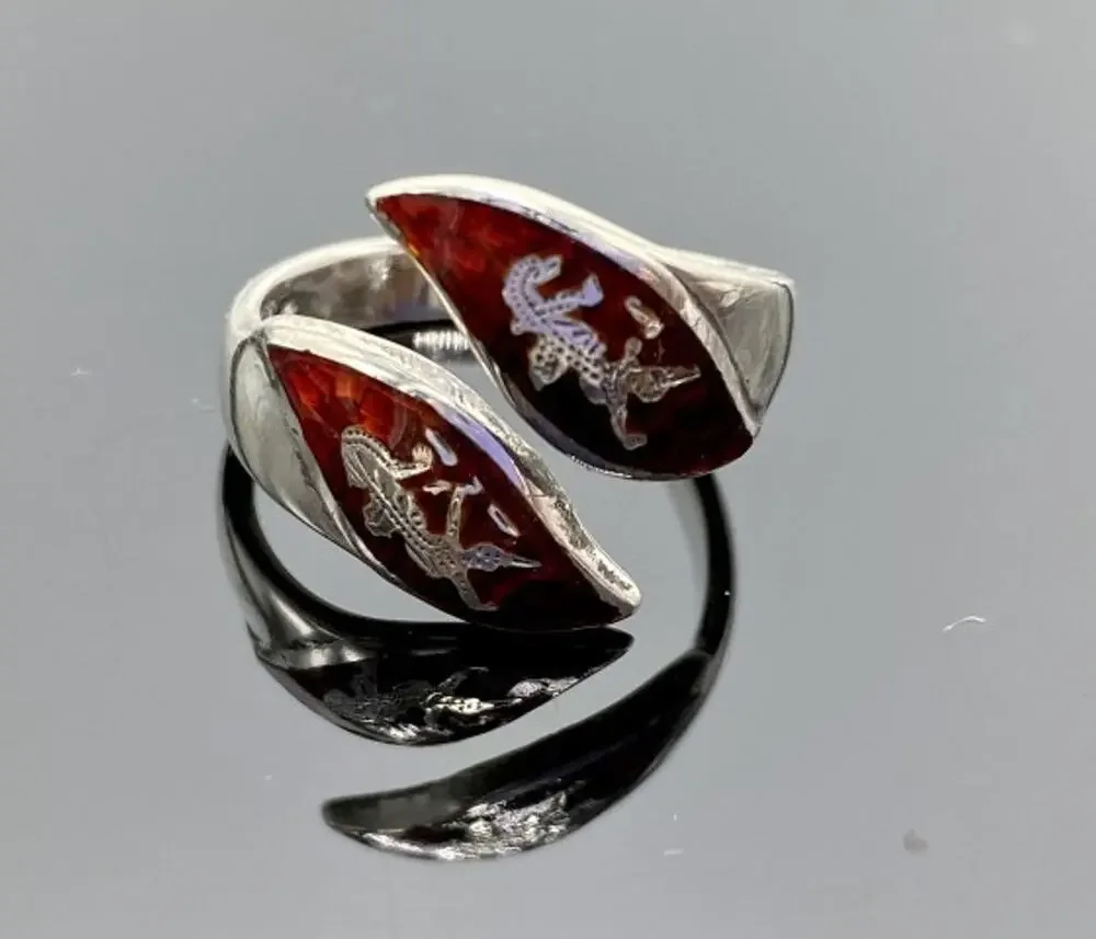 925 Sterling Siamese Silver Enamel Ring Size 5.5 (Adjustable)